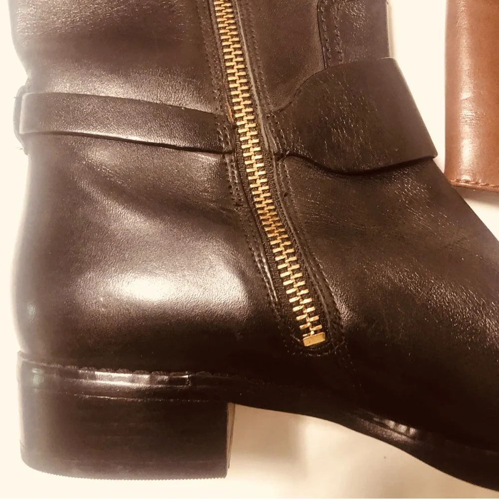 Women's Michael Kors Two Tone Buckle Leather Knee High Riding Boots Black 5.5 - Picture 2 of 8